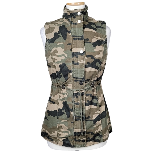 CI SONO Utility Jacket Outerwear Sleeveless Camo Military Button Down Zip Up - Picture 1 of 13